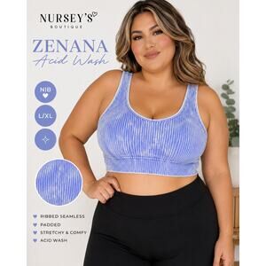 NIB Zenana Blue Acid Wash Ribbed Padded Seamless Crop Tank L/XL